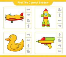 Find the correct shadow. Find and match the correct shadow of Plane, Rocket, Rubber Duck, and Water Gun. Educational children game, printable worksheet, vector illustration