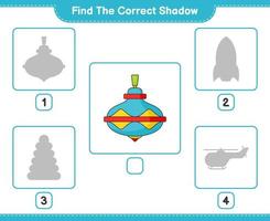 encontrar la sombra correcta. encuentra y combina la sombra correcta del juguete de perinola. juego educativo para niños, hoja de cálculo imprimible, ilustración vectorial vector