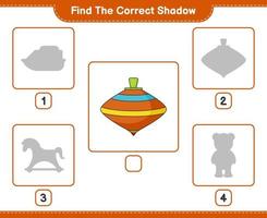 encontrar la sombra correcta. encuentra y combina la sombra correcta del juguete de perinola. juego educativo para niños, hoja de cálculo imprimible, ilustración vectorial vector