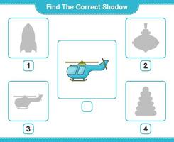 Find the correct shadow. Find and match the correct shadow of Helicopter. Educational children game, printable worksheet, vector illustration