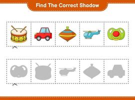 encontrar la sombra correcta. encuentra y combina la sombra correcta del carro piramidal, el chupete, el helicóptero, el tambor y el juguete giratorio. juego educativo para niños, hoja de cálculo imprimible, ilustración vectorial vector