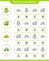 Find the correct shadow. Find and match the correct shadow of Train, Robot Character, Car, and Ufo. Educational children game, printable worksheet, vector illustration