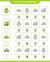 Find the correct shadow. Find and match the correct shadow of Train, Robot Character, Car, and Ufo. Educational children game, printable worksheet, vector illustration