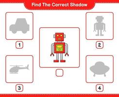 Find the correct shadow. Find and match the correct shadow of Robot Character. Educational children game, printable worksheet, vector illustration