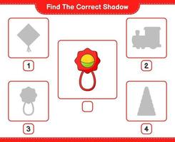 Find the correct shadow. Find and match the correct shadow of Baby Rattle. Educational children game, printable worksheet, vector illustration