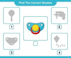 encontrar la sombra correcta. encuentra y combina la sombra correcta del chupete. juego educativo para niños, hoja de cálculo imprimible, ilustración vectorial vector