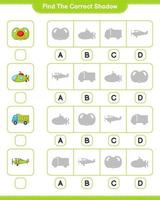 Find the correct shadow. Find and match the correct shadow of Lorry, Plane, Submarine, and Pacifier. Educational children game, printable worksheet, vector illustration