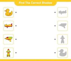 Find the correct shadow. Find and match the correct shadow of Plane, Rocket, Rubber Duck, and Water Gun. Educational children game, printable worksheet, vector illustration