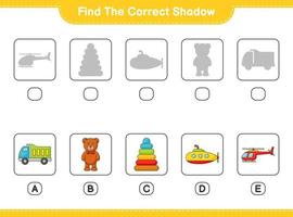 Find the correct shadow. Find and match the correct shadow of Helicopter, Lorry, Pyramid Toy, Submarine, and Teddy Bear. Educational children game, printable worksheet, vector illustration