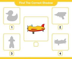 encontrar la sombra correcta. encuentra y combina la sombra correcta del plano. juego educativo para niños, hoja de cálculo imprimible, ilustración vectorial vector