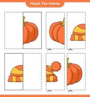 Match the halves. Match halves of Pumpkin and Hat. Educational children game, printable worksheet, vector illustration