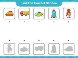 Find the correct shadow. Find and match the correct shadow of Robot Character, Submarine, Rocket, Lorry, and Boat. Educational children game, printable worksheet, vector illustration