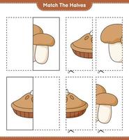 Match the halves. Match halves of Pie and Mushroom Boletus. Educational children game, printable worksheet, vector illustration