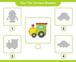 encontrar la sombra correcta. encuentra y combina la sombra correcta del tren. juego educativo para niños, hoja de cálculo imprimible, ilustración vectorial vector