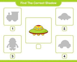 encontrar la sombra correcta. encuentra y combina la sombra correcta del ovni. juego educativo para niños, hoja de cálculo imprimible, ilustración vectorial vector