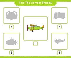 Find the correct shadow. Find and match the correct shadow of Plane. Educational children game, printable worksheet, vector illustration