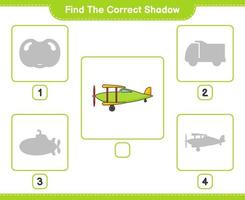 Find the correct shadow. Find and match the correct shadow of Plane. Educational children game, printable worksheet, vector illustration