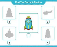 encontrar la sombra correcta. encuentra y combina la sombra correcta del cohete. juego educativo para niños, hoja de cálculo imprimible, ilustración vectorial vector