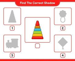 encontrar la sombra correcta. encuentra y combina la sombra correcta del juguete piramidal. juego educativo para niños, hoja de cálculo imprimible, ilustración vectorial vector