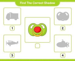 Find the correct shadow. Find and match the correct shadow of Pacifier. Educational children game, printable worksheet, vector illustration