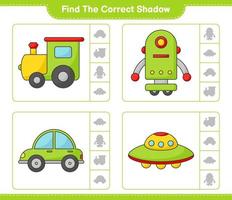 Find the correct shadow. Find and match the correct shadow of Train, Robot Character, Car, and Ufo. Educational children game, printable worksheet, vector illustration