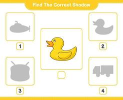 encontrar la sombra correcta. encuentra y combina la sombra correcta del patito de goma. juego educativo para niños, hoja de cálculo imprimible, ilustración vectorial vector