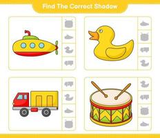 Find the correct shadow. Find and match the correct shadow of Submarine, Rubber Duck, Lorry, and Drum. Educational children game, printable worksheet, vector illustration