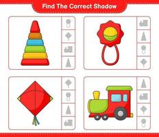 Find the correct shadow. Find and match the correct shadow of Pyramid Toy, Baby Rattle, Kite, and Train. Educational children game, printable worksheet, vector illustration