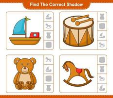 Find the correct shadow. Find and match the correct shadow of Boat, Drum, Teddy Bear, and Rocking Horse. Educational children game, printable worksheet, vector illustration