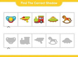 Find the correct shadow. Find and match the correct shadow of Train, Ufo, Pacifier, Water Gun, and Rocking Horse. Educational children game, printable worksheet, vector illustration