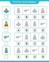 Find the correct shadow. Find and match the correct shadow of Pyramid Toy, Whirligig Toy, Rocket, and Helicopter. Educational children game, printable worksheet, vector illustration