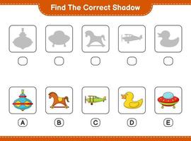 Find the correct shadow. Find and match the correct shadow of Ufo, Plane, Whirligig Toy, Rubber Duck, and Rocking Horse. Educational children game, printable worksheet, vector illustration