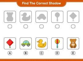 Find the correct shadow. Find and match the correct shadow of Kite, Car, Baby Rattle, Rubber Duck, and Teddy Bear. Educational children game, printable worksheet, vector illustration