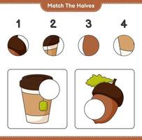 Match the halves. Match halves of Acorn and Tea Cup. Educational children game, printable worksheet, vector illustration