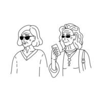 Two old fashion girlfriends. Line art doodle illustration for print, graphic design, stickers and poster template vector