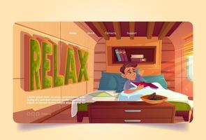 banner de relajación con el hombre despierta en la cama en camper vector