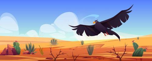 Black eagle over desert landscape, falcon or hawk vector