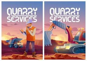 Quarry services posters with dumper and excavator vector