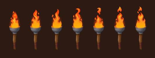 Set of medieval sprite torches with burning fire vector