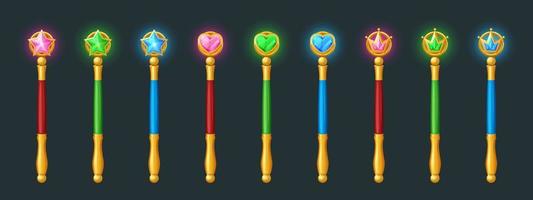 Magic wands, golden sticks with crystals vector