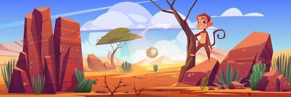 Desert landscape with rocks, cactuses and monkey vector