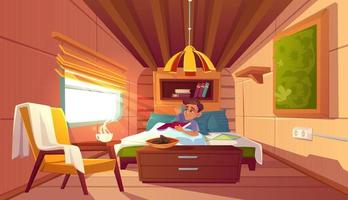 Man lying in bed in camper at morning vector