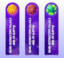 Kids bookmarks with cartoon planets in space. vector