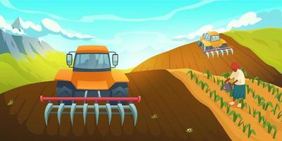 Tractor plowing farm field traditional agriculture vector