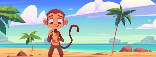 Monkey with banana on sea beach with palm trees vector