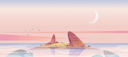 playa de mar y pequeña isla con rocas en la mañana vector
