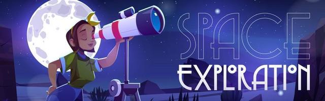 banner de exploración espacial con mujer y telescopio vector