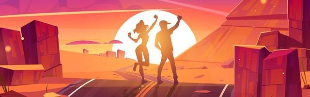 Tourists enjoy sunset, man and woman silhouettes vector