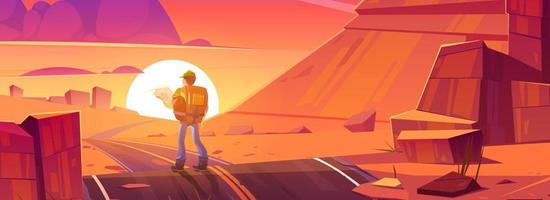 desierto con camino y hombre caminante al atardecer vector