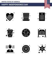 Set of 9 Vector Solid Glyphs on 4th July USA Independence Day such as celebration american declaration soda cola Editable USA Day Vector Design Elements